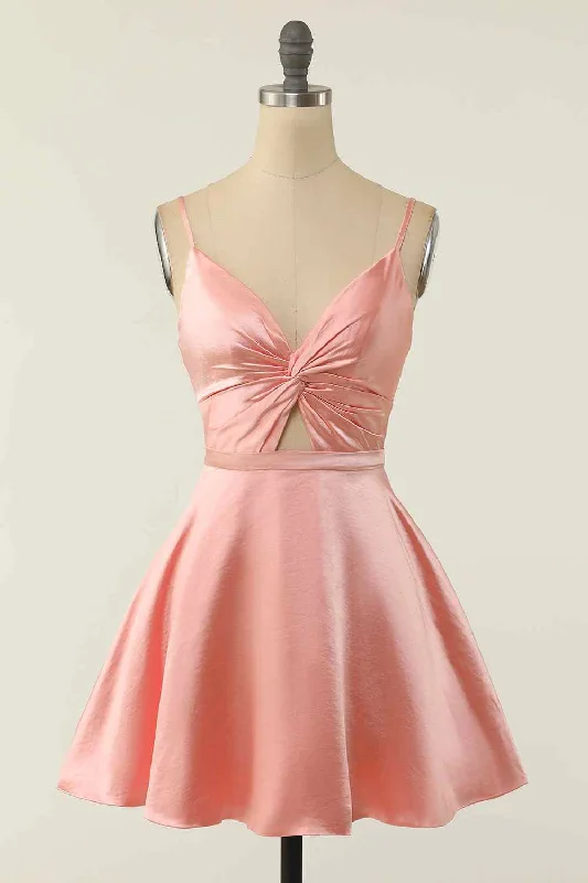 A-line V Neck Twist Knot Cut-Out Pleated Mini Homecoming Dress