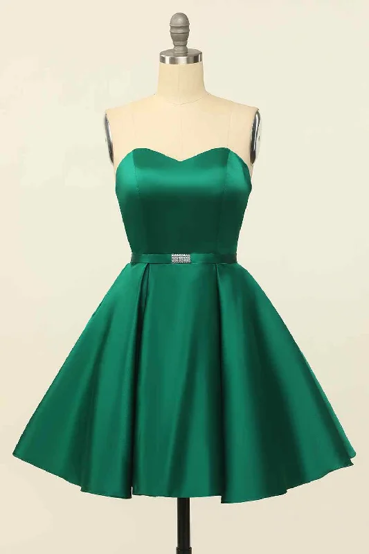 Hunter Green A-line Strapless Satin Mini Homecoming Dress with Beaded Sash
