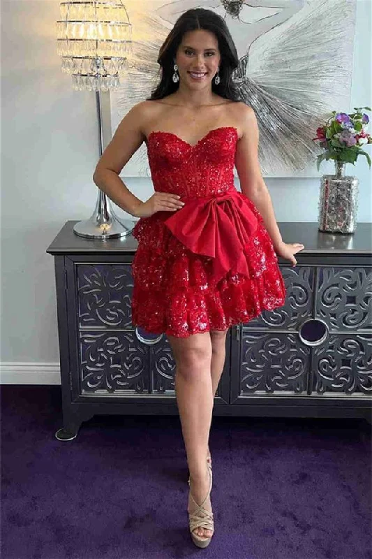 Red Corset Sequin Appliques Short Party Homecoming Dress with Bow
