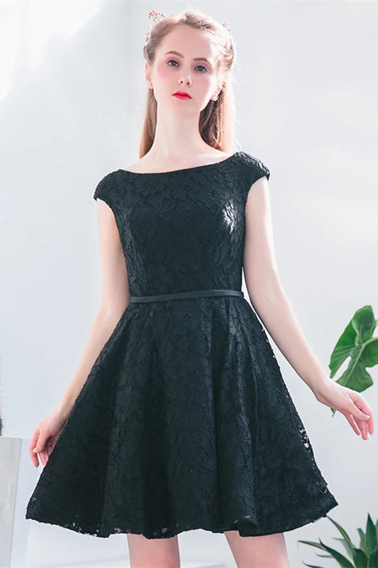 Black A-line Scoop Neck Cap Sleeves Lace Mini Formal Dress with Sash