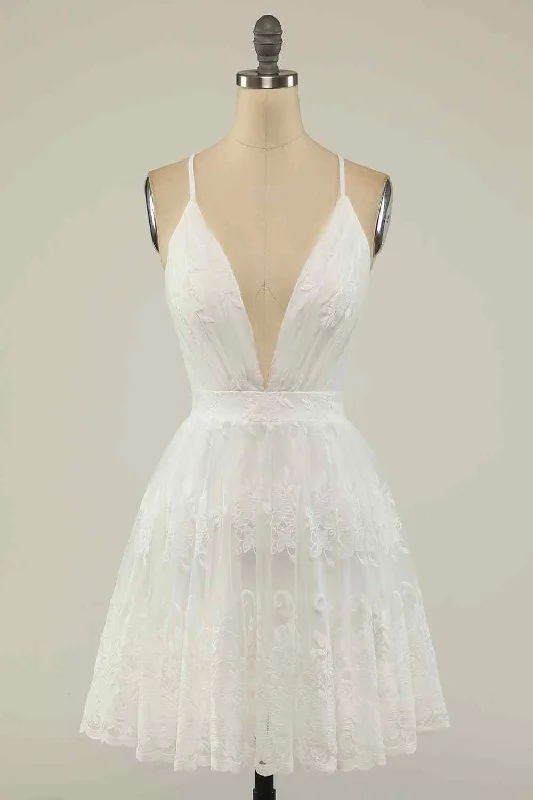 A-line Deep V Neck Crossed Back Embroidery Mini Homecoming Dress