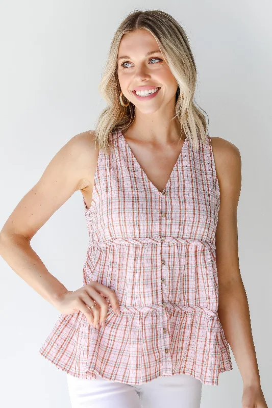 FINAL SALE - Follow The Sun Plaid Tiered Tank cute tank top