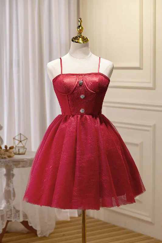 Wine Red Straps Silver Buttons Homecoming Dress