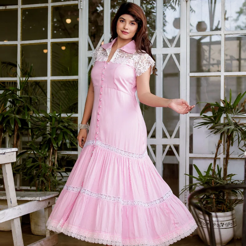 Pink Layered White Lace Dress