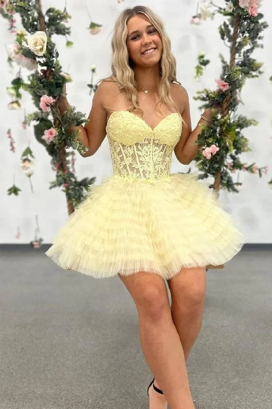 Yellow A-Line Ruffled Strapless Corset Homecoming Dress