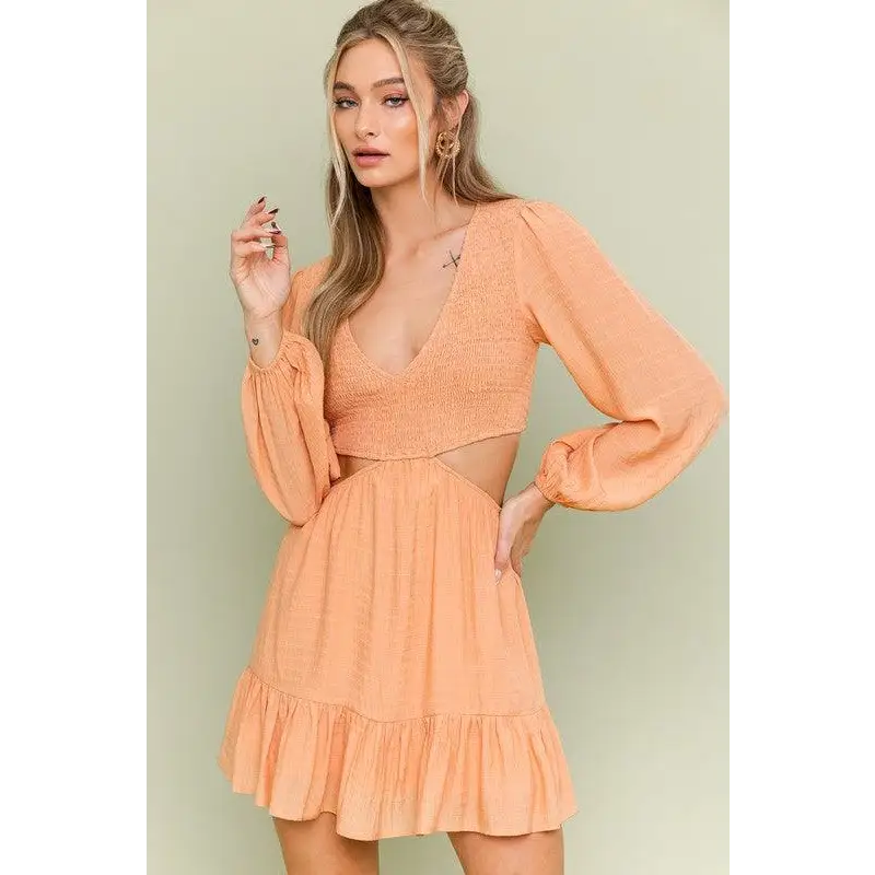 V NECK SMOCKING BODICE DRESS