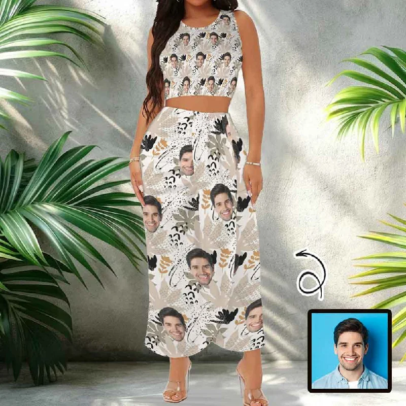 Custom Face Leaves Beach Outfits Dress Personalized Women's Crop Tank Top & High Waist Skirt Sets cutout tank top