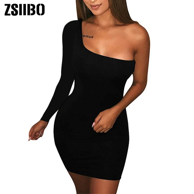 ZSIIBO Women's Casual Basic One Shoulder Tank Top Bodycon long sleeve sleeveless Mini Club Dress drop shipping relaxed fit tank