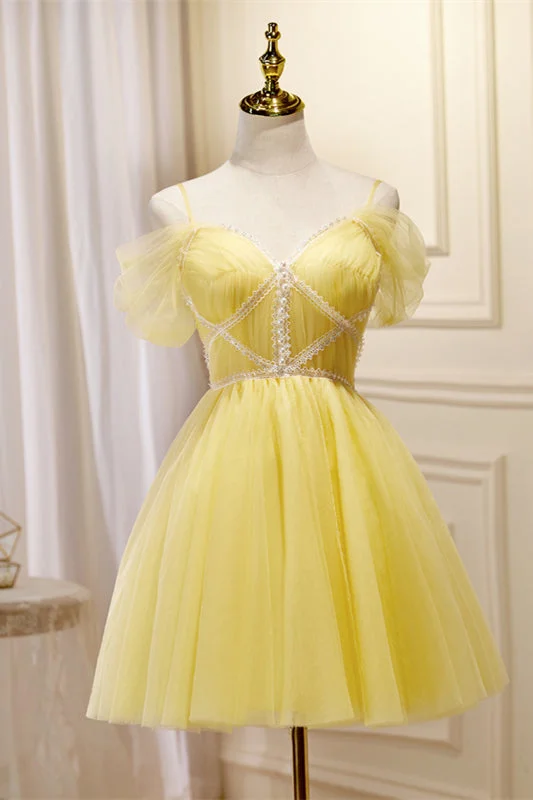 Yellow Off-the-Shoulder Lace Beaded Straps Homecoming Dress