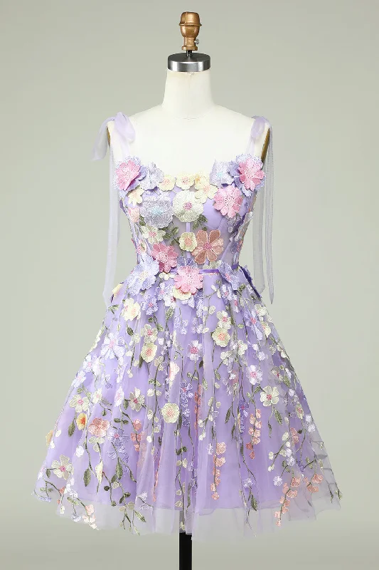 Lavender Bow Tie Shoulder A-line Flowers Homecoming Dress