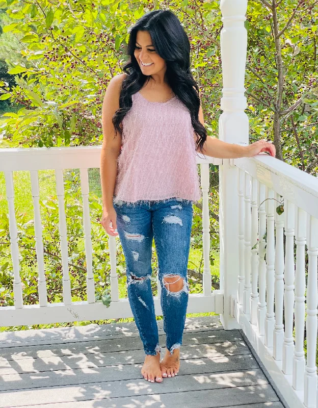 Mauve Fringed Silver Cami Tank beige tank top