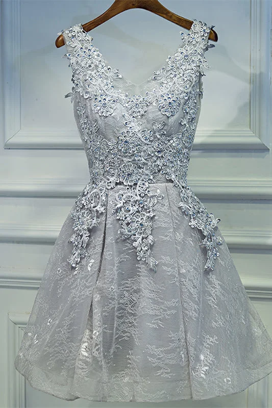 Grey V Neck Flower Straps Beaded Appliques Mini Formal Dress