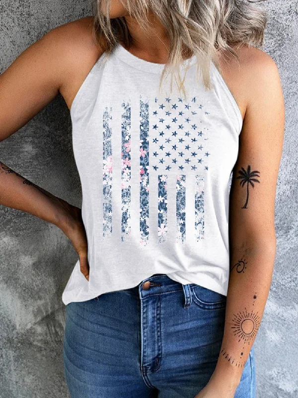 American Flag Floral Print Halter Tank Top peekaboo tank top