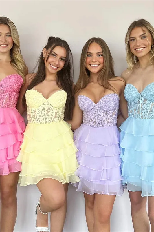 Strapless Blue Sheer Corset A-Line Ruffle Homecoming Dress