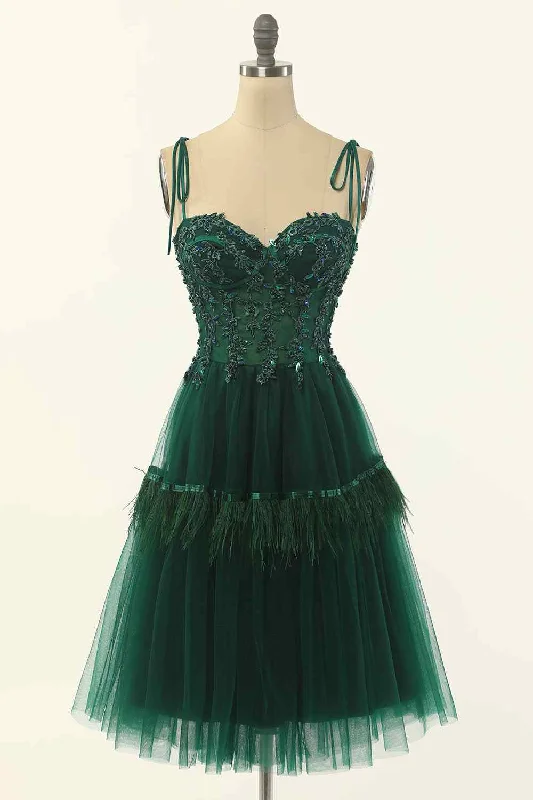 Dark Green A-line Bow Tie Straps Lace-Up Applique Mini Homecoming Dress