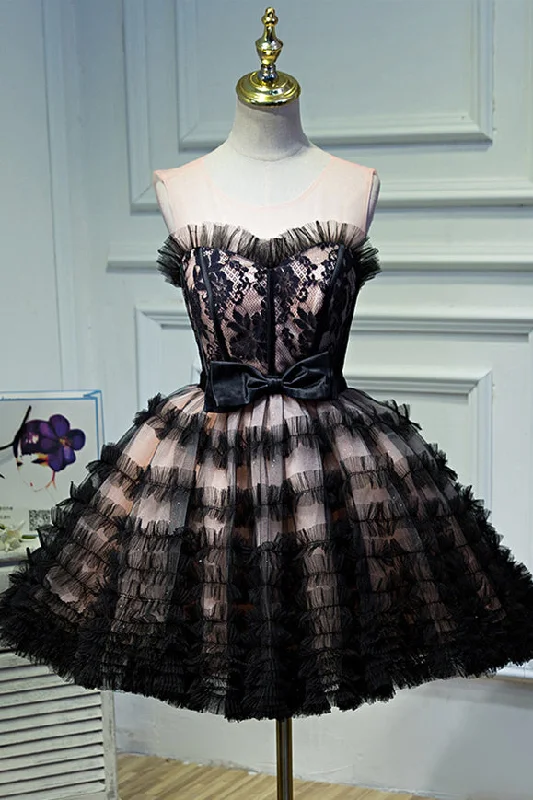 Black Illusion Neck Ruffles Appliques Homecoming Dress with Bow