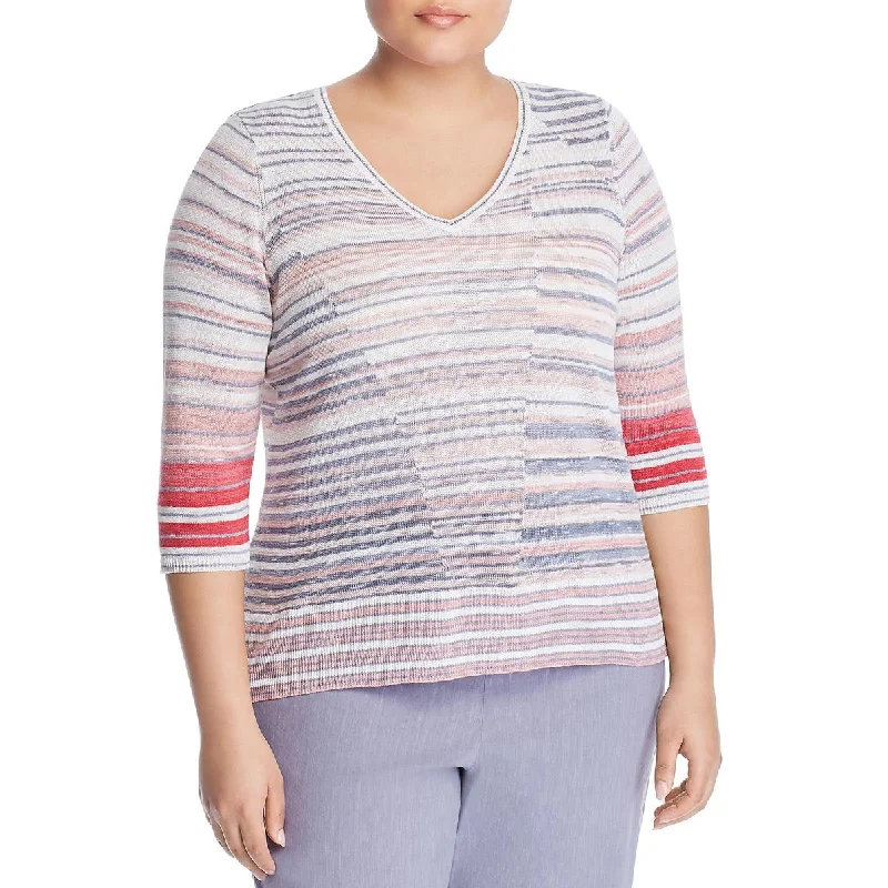 Nic + Zoe Womens Plus Skyline Striped V-Neck Pullover Sweater