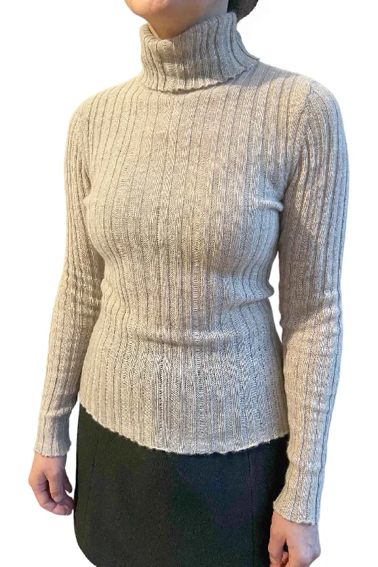 Roll neck oatmeal cashmere jumper - Ribbed