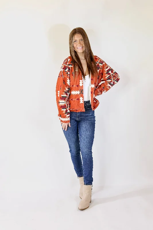 Signature Moves Aztec Print Jacket with Crystal Fringe in Rust Orange