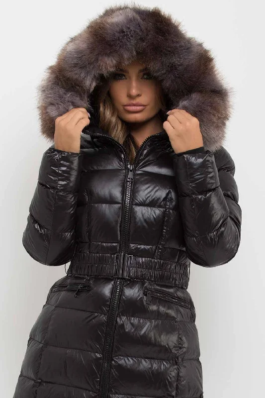 Black Long Puffer Padded Jacket With Faux Fur Hood & Belt