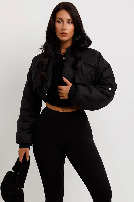 Crop Bomber Jacket With Pockets Black