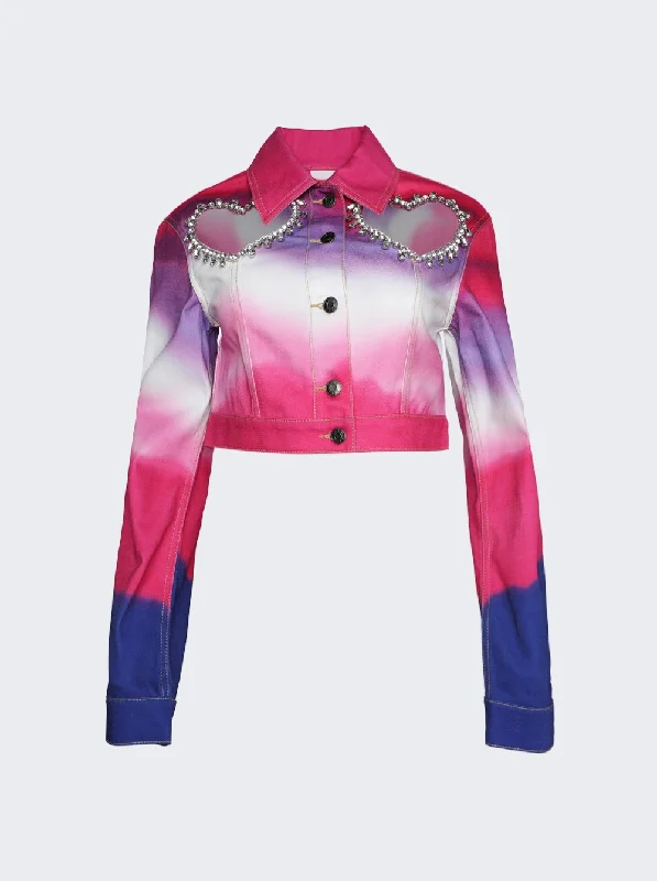 Crystal Heart Cutout Ombre Denim Jacket