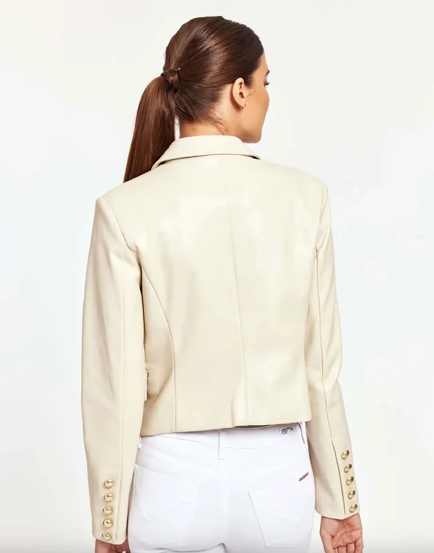 Double Breasted Vegan Leather Blazer - Bone