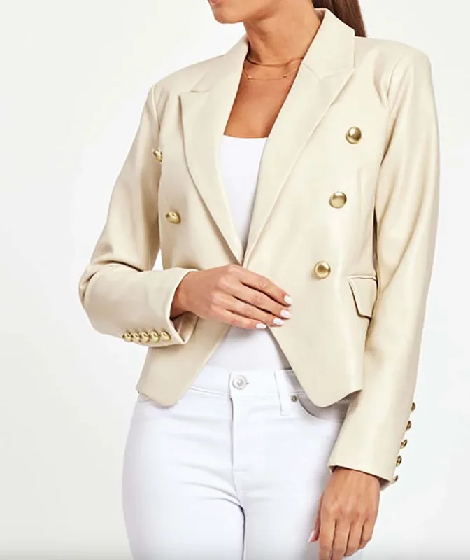 Double Breasted Vegan Leather Blazer - Bone