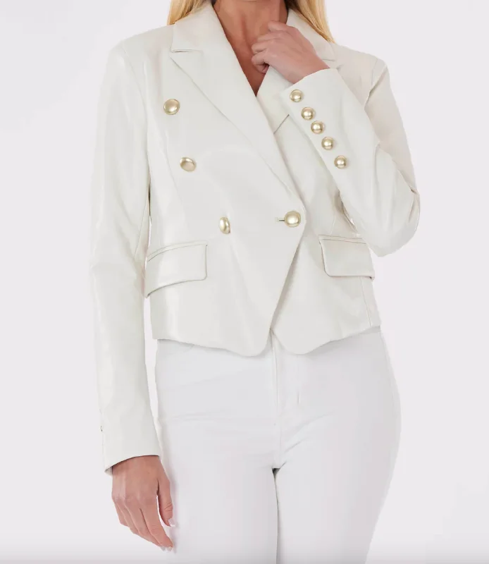 Double Breasted Vegan Leather Blazer - White