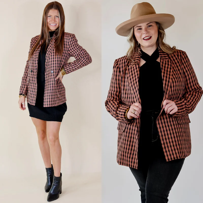 Coffee And Smiles Double Button Plaid Blazer with Long Sleeves in Terracotta