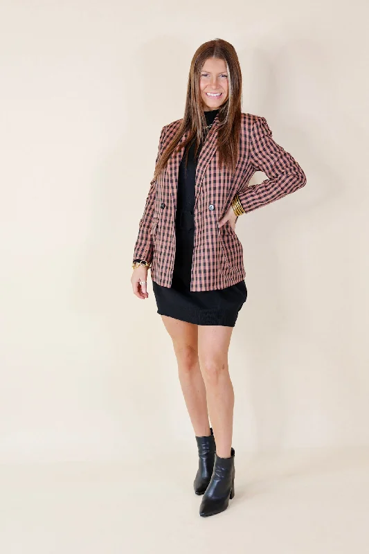 Coffee And Smiles Double Button Plaid Blazer with Long Sleeves in Terracotta