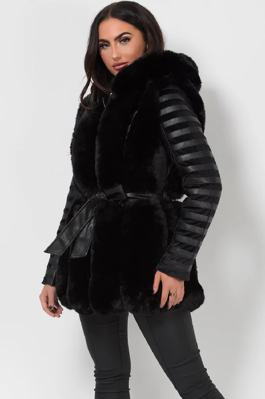 Faux Fur Faux Leather Hooded Panelled Sleeve Jacket Black