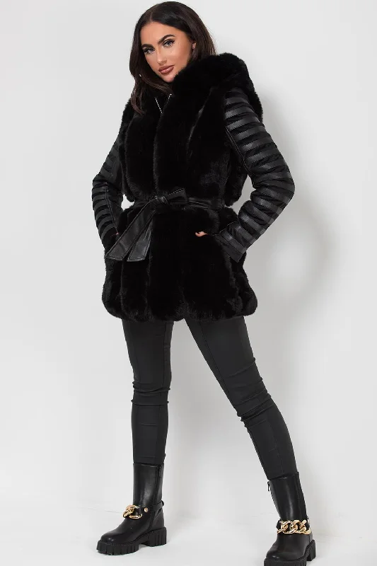 Faux Fur Faux Leather Hooded Panelled Sleeve Jacket Black