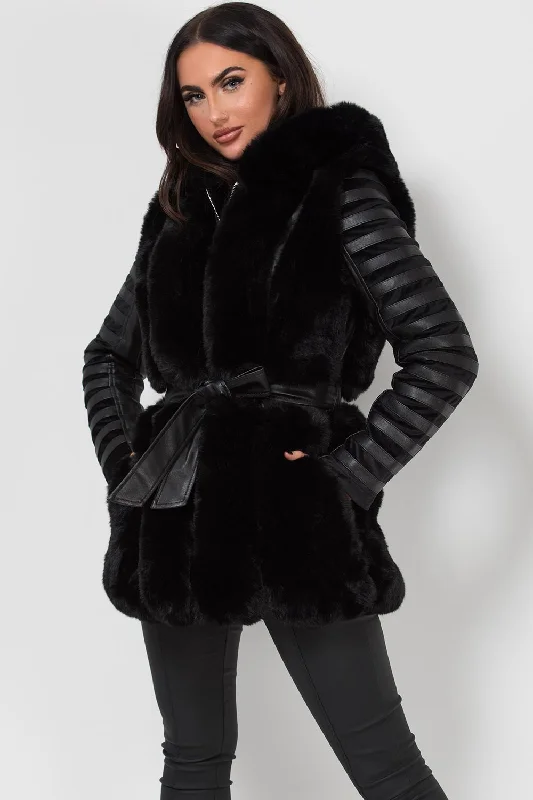 Faux Fur Faux Leather Hooded Panelled Sleeve Jacket Black