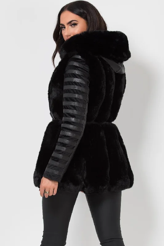 Faux Fur Faux Leather Hooded Panelled Sleeve Jacket Black