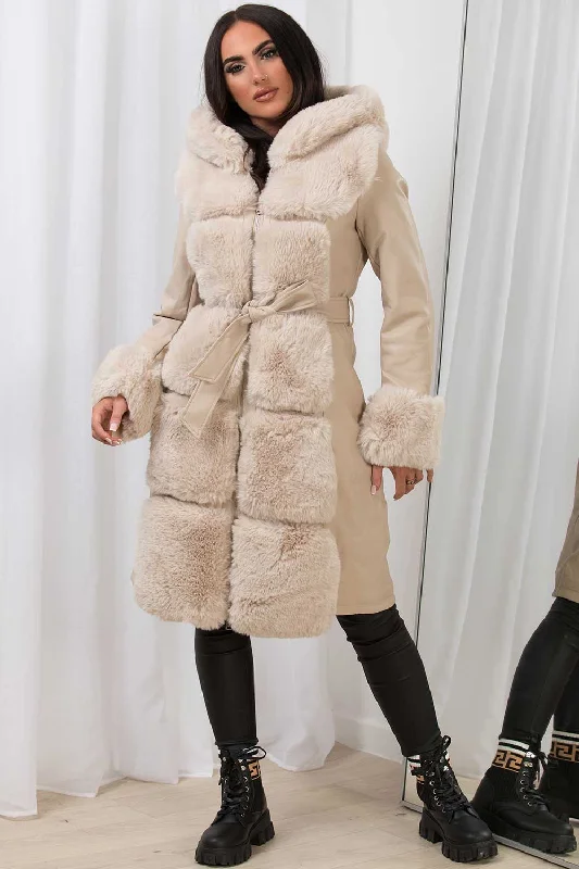 Faux Leather Faux Fur Longline Hooded Jacket Beige