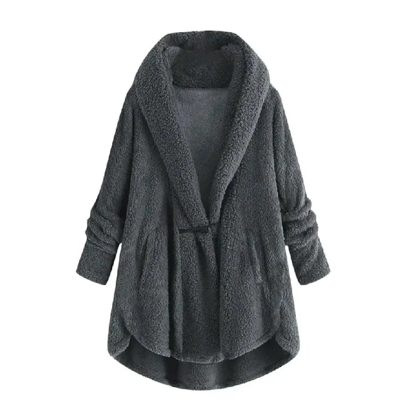 Hooded solid color casual jacket with horn button plush top