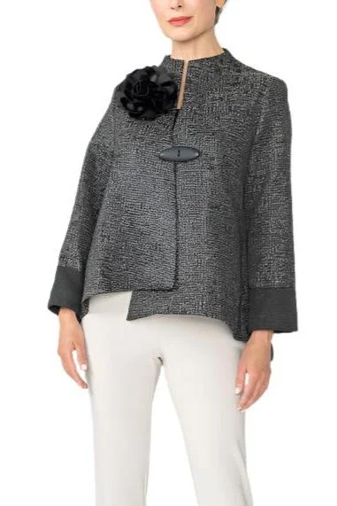 IC Collection Metallic Tweed Jacket W/ Rose Pin - 6687J