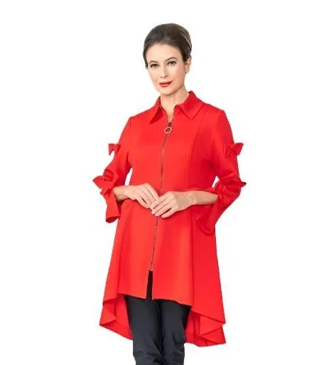 IC Collection High-Low Jacket with Bow Bell Sleeves in Red - 4782J-RD