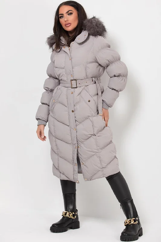 Long Puffer Coat With Fur Hood And Belt Grey