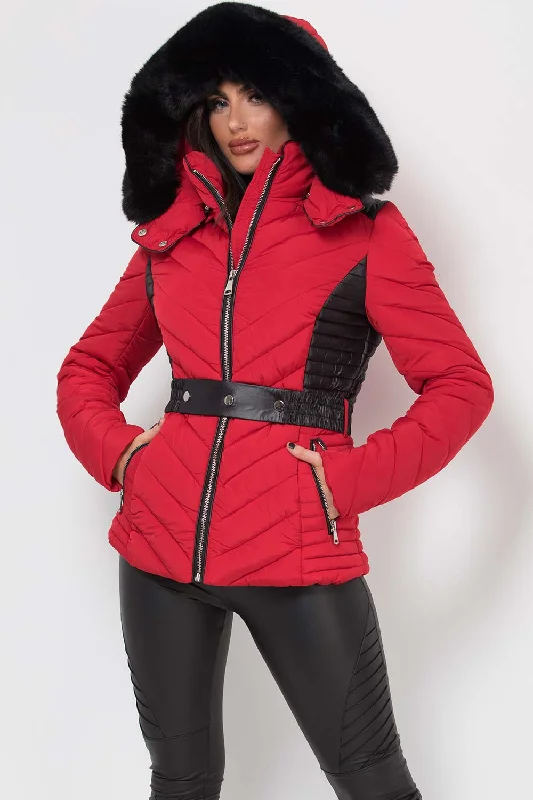 Puffer Quilted Jacket With Faux Fur Hood And Belt Red