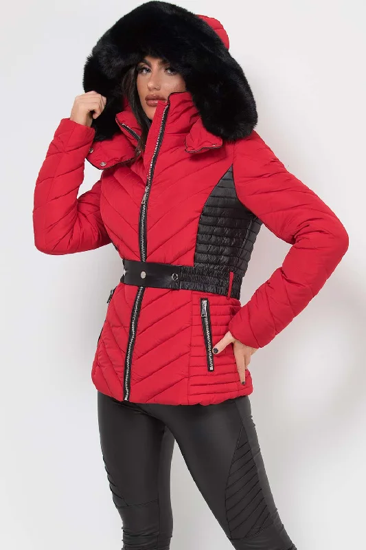 Puffer Quilted Jacket With Faux Fur Hood And Belt Red