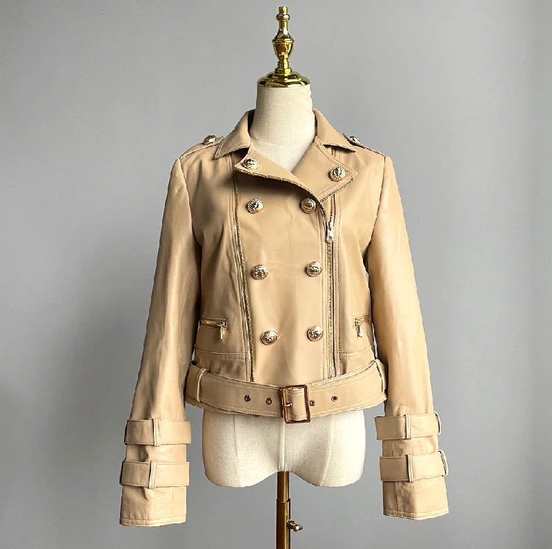 QIUCHEN QC21137 Real sheepskin locomotive short leather jacket 2021 spring autumn new women's fashion