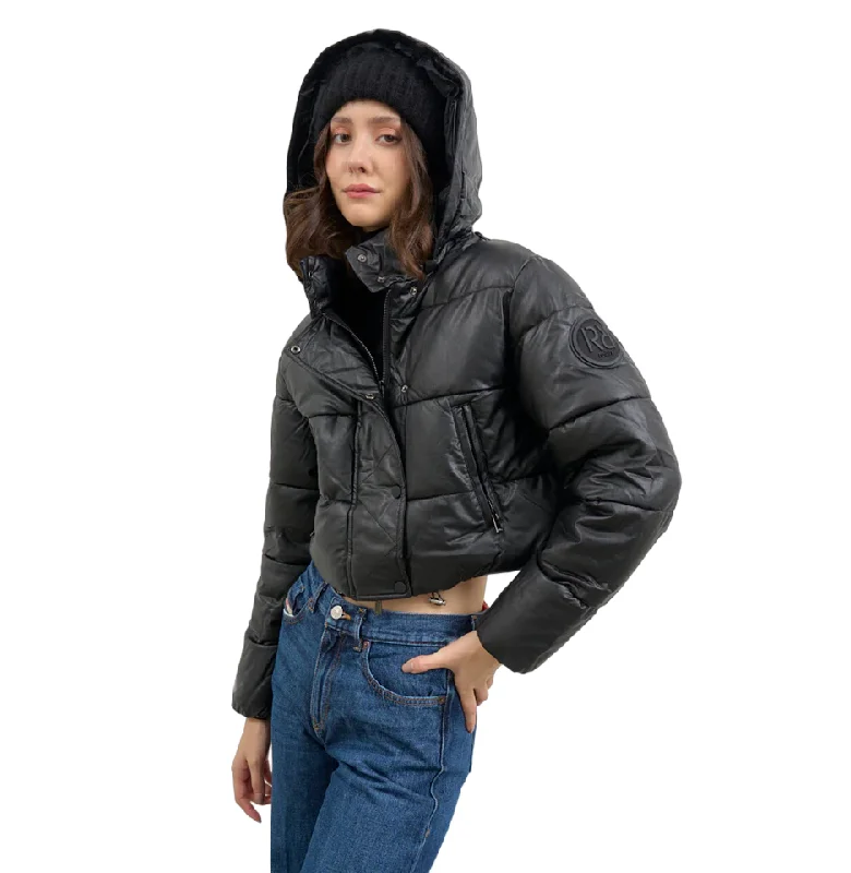 Relish Piumino da donna in ecopelle ALBADAH con cappuccio stacabile più zip e coulisse. Nero