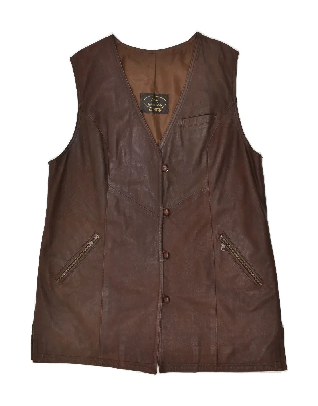 VINTAGE Womens Leather Gilet UK 16 Large Brown