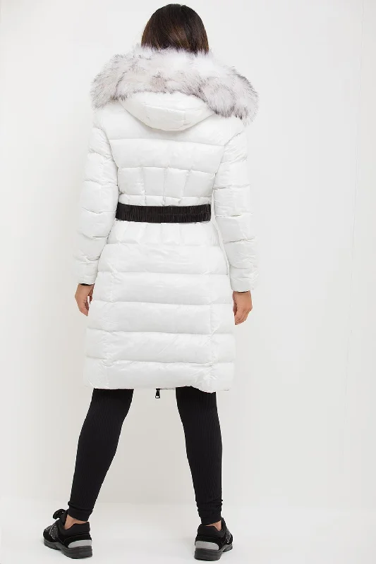 White Long Puffer Padded Jacket With Faux Fur Hood & Belt