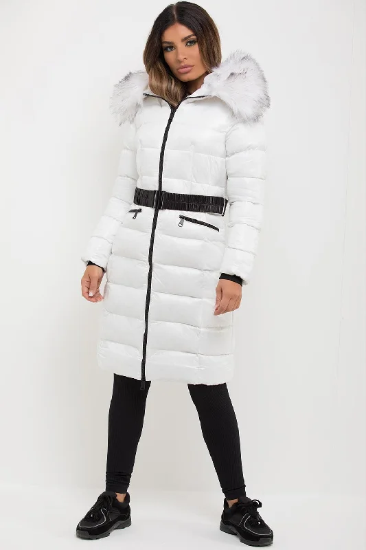 White Long Puffer Padded Jacket With Faux Fur Hood & Belt