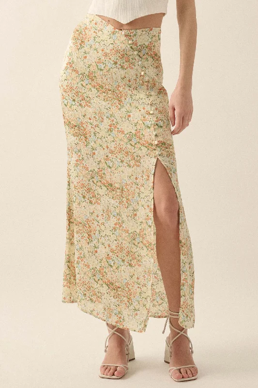 Heart of Spring Floral Crepe Buttoned Maxi Skirt