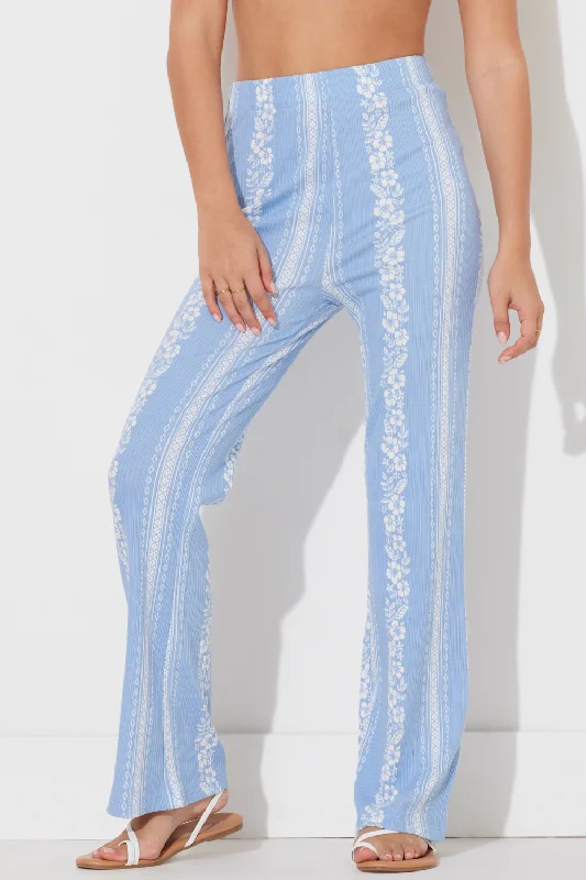 High Tide Blue Hibiscus Print Rib Knit Pant