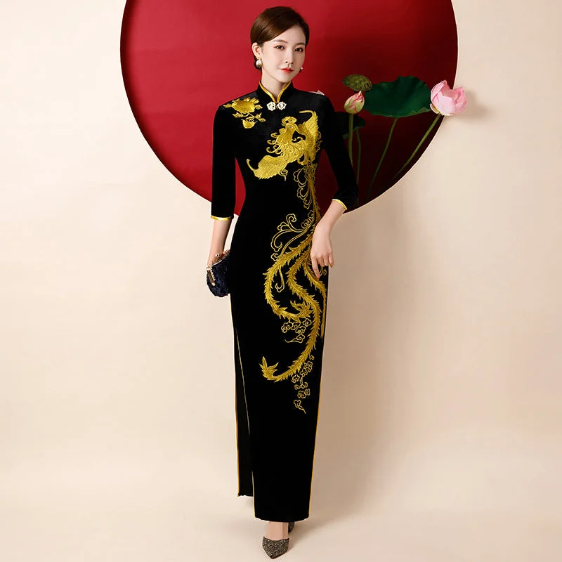 3/4 Sleeve Phoenix Embroidery Velvet Cheongsam Chinese Dress Evening Gown